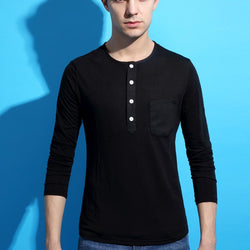 2015 Special Offer Free shipping Full Cotton O-neck Fashion New Button Fitting Long Sleeved T-shirt Solid T-Shirt