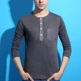 2015 Special Offer Free shipping Full Cotton O-neck Fashion New Button Fitting Long Sleeved T-shirt Solid T-Shirt