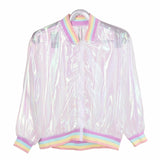 Harajuku Summer Women Jacket Laser Rainbow Symphony Hologram Women BasicCoat Clear Iridescent Transparent Bomber Jacket Sunproof
