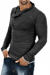 2016 New Autumn Mens 100% Cotton Oblique Button Collar T Shirt Fashion Men Long Sleeve T Shirts  Slim fit T-Shirt Solid Tee