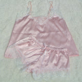 Satin Cami and  Shorts Set Lace Nightgowns Comfy  Pajamas  Pretty Nighties Artificial Silk Sleepwear Sets