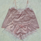 Satin Cami and  Shorts Set Lace Nightgowns Comfy  Pajamas  Pretty Nighties Artificial Silk Sleepwear Sets