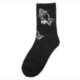 Fashion skate cotton crew socks of Virgin Mary gesture pattern for men women tide brand hip hop funny novelty  white black Funky