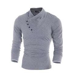 2016 New Autumn Mens 100% Cotton Oblique Button Collar T Shirt Fashion Men Long Sleeve T Shirts  Slim fit T-Shirt Solid Tee