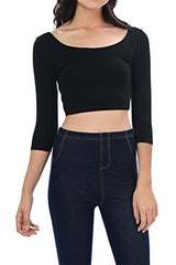 Womens Trendy Solid Color Basic Scooped Neck and Back Crop Top