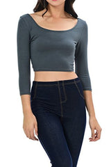Womens Trendy Solid Color Basic Scooped Neck and Back Crop Top