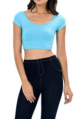 Womens Trendy Solid Color Basic Scooped Neck and Back Crop Top