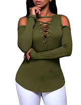 OLUOLIN Women's Sexy Off-Shoulder Tops Stretchy Ribbed Lace Up Shirt Blouses