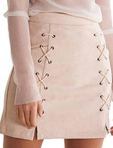 Prograce Women Sexy Criss Cross Tight Bodycon Faux Suede Stretch Mini Skirt