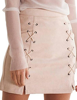 Prograce Women Sexy Criss Cross Tight Bodycon Faux Suede Stretch Mini Skirt