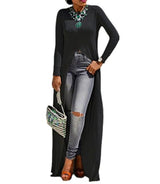 Womens Sexy High Front Split Long Sleeve Crewneck Clubwear Party Maxi Dress Tops