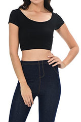 Womens Trendy Solid Color Basic Scooped Neck and Back Crop Top