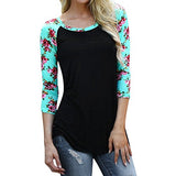 Women Color Block Floral Prints 3/4 Raglan Sleeves Tops Tee Shirt Casual Blouse