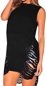 Pxmoda Women's Side Slit Ripped Knitting Pullover Loose Sweater Dress - Free + Shipping