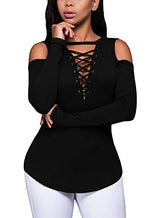 FARYSAYS Women's Sexy Cold Shoulder Blouse Lace-Up Ribbed Tops