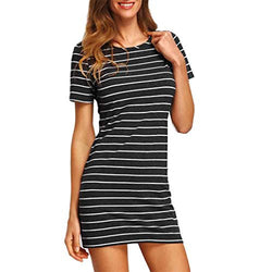 Women Dress,Haoricu Fall Vintage Autumn New Women Crew Neck Short Sleeve Striped Loose T-Shirt Dress Casual