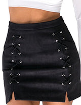 Prograce Women Sexy Criss Cross Tight Bodycon Faux Suede Stretch Mini Skirt