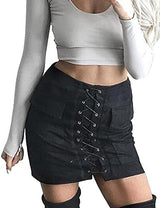 Allegrace Women Sexy Lace Up Bodycon Faux Suede Fashion Big Pocket Mini Skirt
