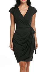 Women's Classic Cap Sleeve V-Neck Draped Tie-Belt Cocktail Wrap Dress - Free + Shipping