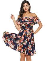Meaneor Womens Summer Casual Floral Off Shoulder Ruffled A Line Swing Dress