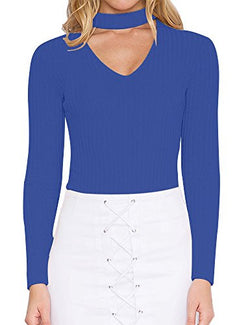 Allegrace Women Long Sleeve Sexy V Cut Stretch Bandage Leotard Bodysuit Jumpsuit