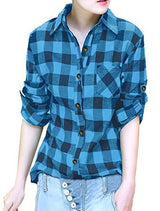 Allegra K Woman Roll Up Sleeves Buttoned Boyfriend Plaids Shirt