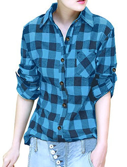 Allegra K Woman Roll Up Sleeves Buttoned Boyfriend Plaids Shirt