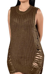 Pxmoda Women's Side Slit Ripped Knitting Pullover Loose Sweater Dress