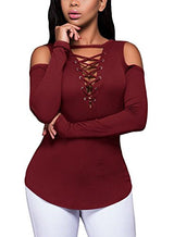 OLUOLIN Women's Sexy Off-Shoulder Tops Stretchy Ribbed Lace Up Shirt Blouses - Free + Shipping
