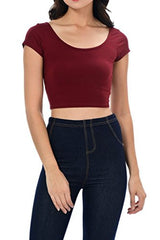 Womens Trendy Solid Color Basic Scooped Neck and Back Crop Top