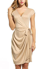 Women's Classic Cap Sleeve V-Neck Draped Tie-Belt Cocktail Wrap Dress - Free + Shipping