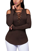 OLUOLIN Women's Sexy Off-Shoulder Tops Stretchy Ribbed Lace Up Shirt Blouses - Free + Shipping