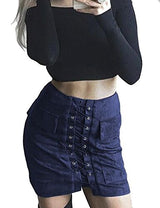 Allegrace Women Sexy Lace Up Bodycon Faux Suede Fashion Big Pocket Mini Skirt