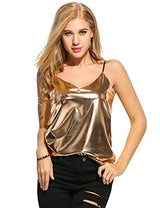 Romanstii Women Spaghetti Strap V-Neck Wet Look Clubwear Tank Tops