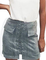 Allegrace Women Sexy Lace Up Bodycon Faux Suede Fashion Big Pocket Mini Skirt