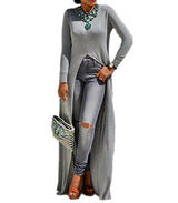 Womens Sexy High Front Split Long Sleeve Crewneck Clubwear Party Maxi Dress Tops