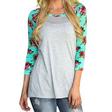 Women Color Block Floral Prints 3/4 Raglan Sleeves Tops Tee Shirt Casual Blouse