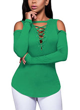 FARYSAYS Women's Sexy Cold Shoulder Blouse Lace-Up Ribbed Tops