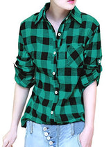 Allegra K Woman Roll Up Sleeves Buttoned Boyfriend Plaids Shirt