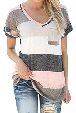 Q&Y Women's V-neck Striped Casual Short Sleeve T-shirt Blouse Tees Tops
