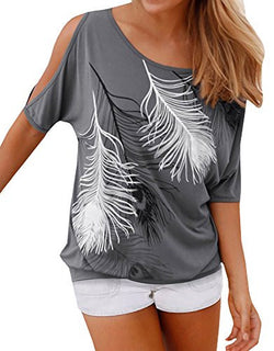 Lovaru Women's O Neck Feather Print Shirt Casual Cutout Sleeve Top Blouse