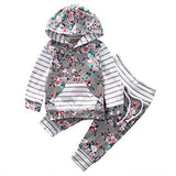 Baby Girl 2pcs Set Outfit Flower Print Hoodies with Pocket Top+Striped Long Pants