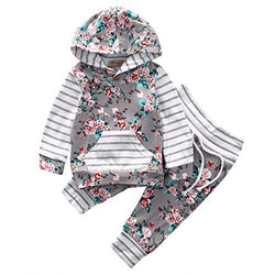Baby Girl 2pcs Set Outfit Flower Print Hoodies with Pocket Top+Striped Long Pants