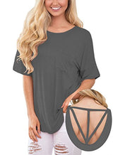 Annflat Women's Summer Solid Short Sleeve Casual Shirts Pocket Blouse Tops(S-2XL)