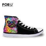 FORUDESIGNS Women High Top Canvas Shoes Colorful Pet Dog Pug Bulldog Printing Vulcanize Shoes Casual Teens Girls Students Flats