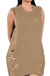 Pxmoda Women's Side Slit Ripped Knitting Pullover Loose Sweater Dress