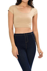 Womens Trendy Solid Color Basic Scooped Neck and Back Crop Top