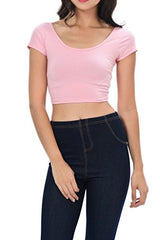 Womens Trendy Solid Color Basic Scooped Neck and Back Crop Top