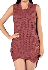 Pxmoda Women's Side Slit Ripped Knitting Pullover Loose Sweater Dress