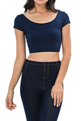 Womens Trendy Solid Color Basic Scooped Neck and Back Crop Top